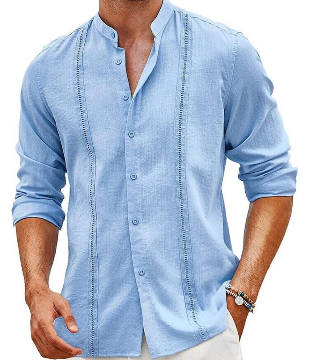 Cuban Guayabera Button Down Shirt Men's XXL Blue Casual Long Sleeve Coofandy
